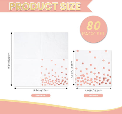 80 Pack of White Paper Cocktail Napkins with Gold Foil Polka Dot Confetti，Polka Dot Party Supplies(5 x 5 in，3-ply) (Rose Gold)