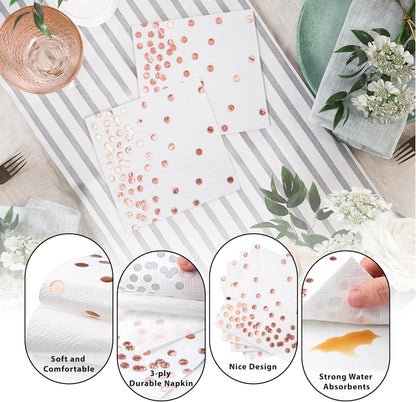 80 Pack of White Paper Cocktail Napkins with Gold Foil Polka Dot Confetti，Polka Dot Party Supplies(5 x 5 in，3-ply) (Rose Gold)