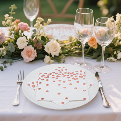 80 Pack of White Paper Cocktail Napkins with Gold Foil Polka Dot Confetti，Polka Dot Party Supplies(5 x 5 in，3-ply) (Rose Gold)