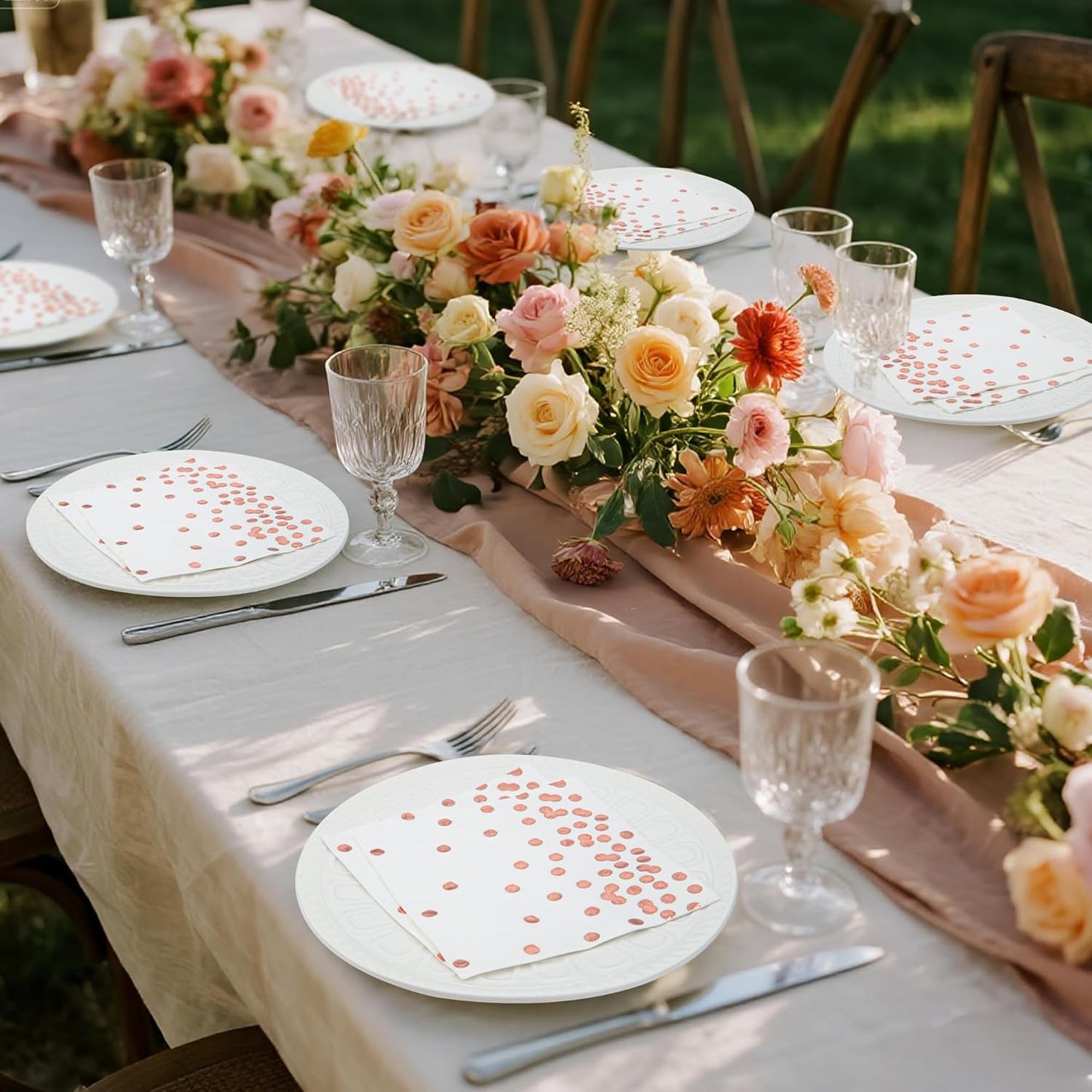 80 Pack of White Paper Cocktail Napkins with Gold Foil Polka Dot Confetti，Polka Dot Party Supplies(5 x 5 in，3-ply) (Rose Gold)