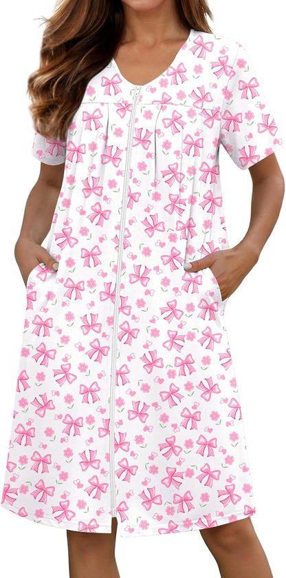 Zipper Robes for Women Short Knit Lightweight Bathrobe with Pockets