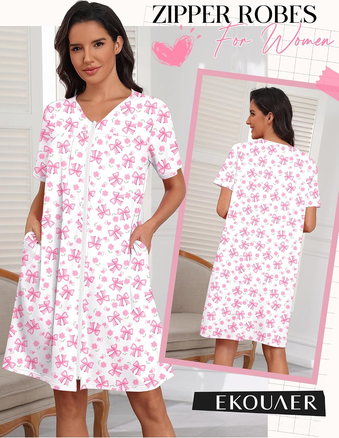 Zipper Robes for Women Short Knit Lightweight Bathrobe with Pockets