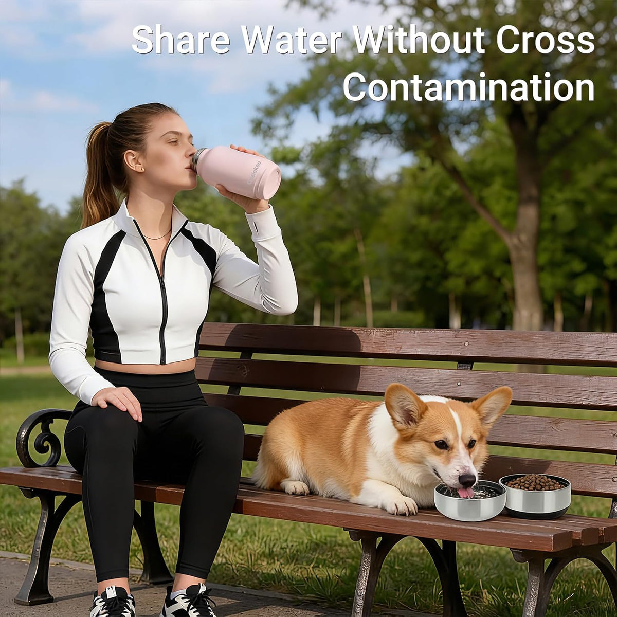 3-in-1 Dog Water Bottle Portable, 32oz Insulated Stainless Steel Pet Water Dispenser with 2 Detachable Travel Dog Bowls for Water & Food, Leak-Proof Puppy Water Bottle for Hiking, Walking (Pink)