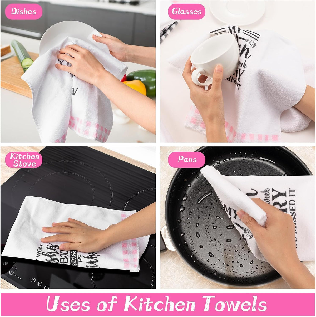 5 Pack Funny Pink Check Kitchen Dish Towels