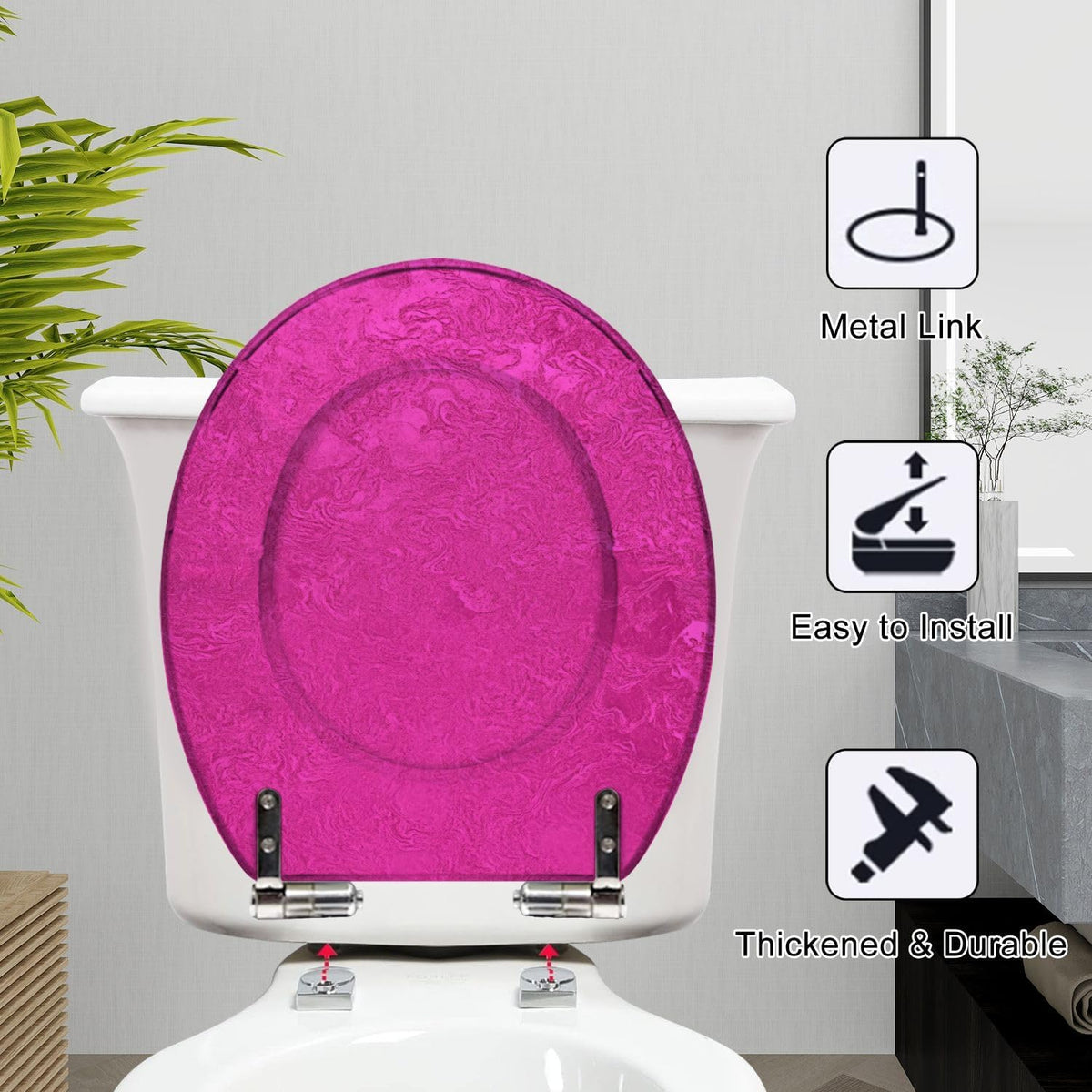 Slow Close Round Toilet Seat Concrete Texture Resin Hot Pink Grunge Magenta Purple Quick-Release Hinges Easy to Clean & Install Cover Bumpers
