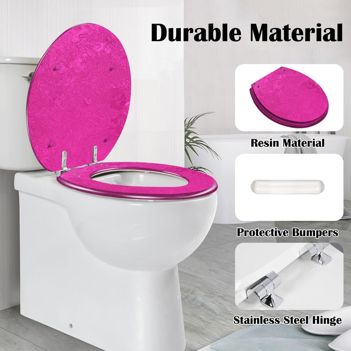Slow Close Round Toilet Seat Concrete Texture Resin Hot Pink Grunge Magenta Purple Quick-Release Hinges Easy to Clean & Install Cover Bumpers