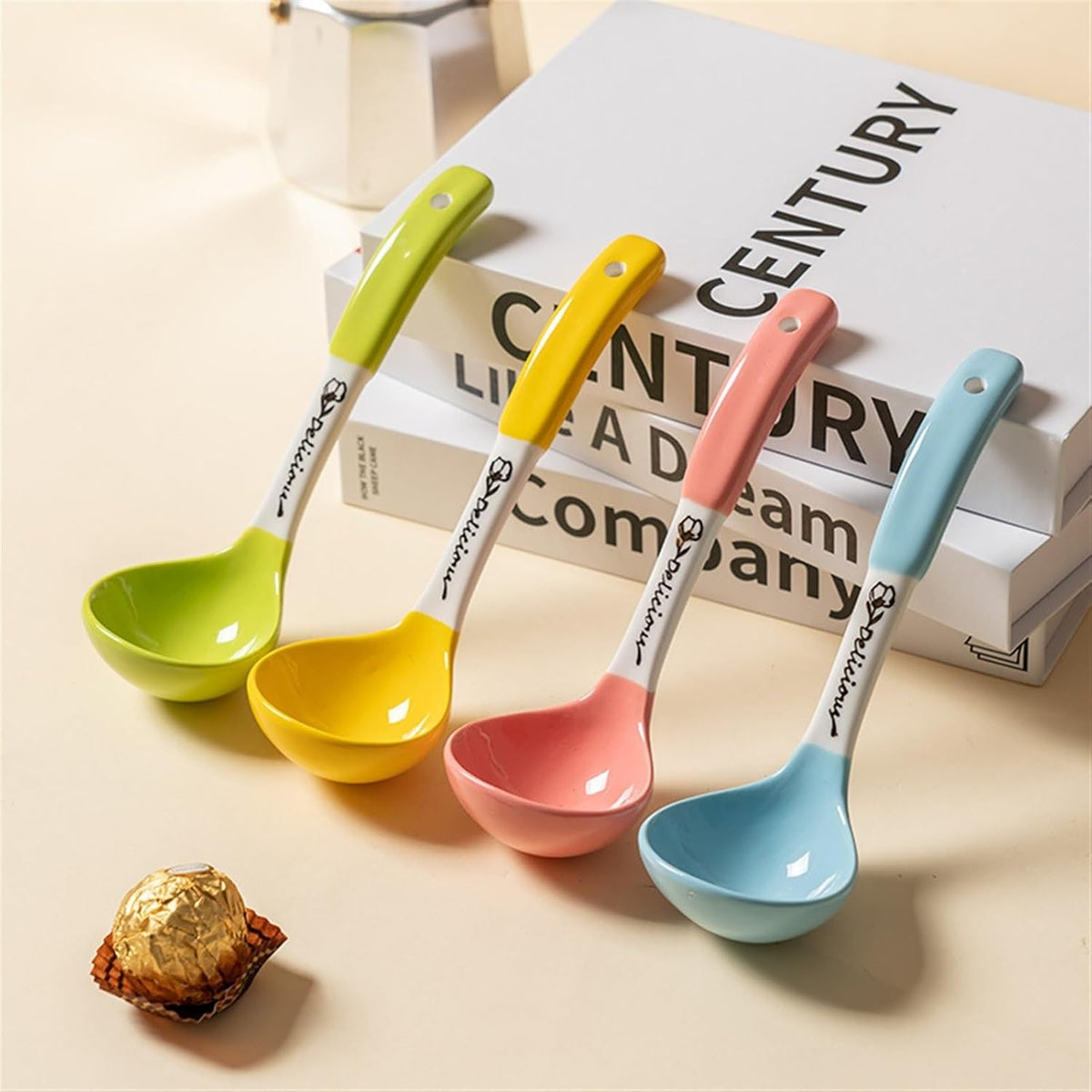 Soup Spoon Colorful Ceramic Ladle Chinese Spoons Heavy Duty Deep Porcelain Large, 1Pcs Ice Cream Scoop(Pink)