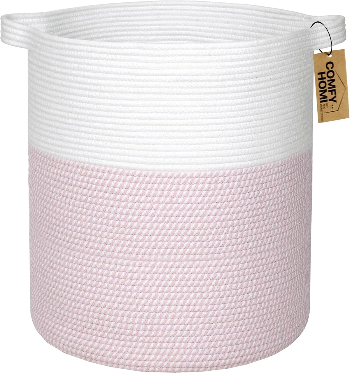 XXL Large Laundry Basket with Handles Blanket Baskets Living Room|Woven Cotton Rope Decorative Basket Laundry Hamper Baby Basket Nursery Dog Toy Storage Organizer Bin-16”x18”-White/Pink