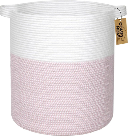 XXL Large Laundry Basket with Handles Blanket Baskets Living Room|Woven Cotton Rope Decorative Basket Laundry Hamper Baby Basket Nursery Dog Toy Storage Organizer Bin-16”x18”-White/Pink