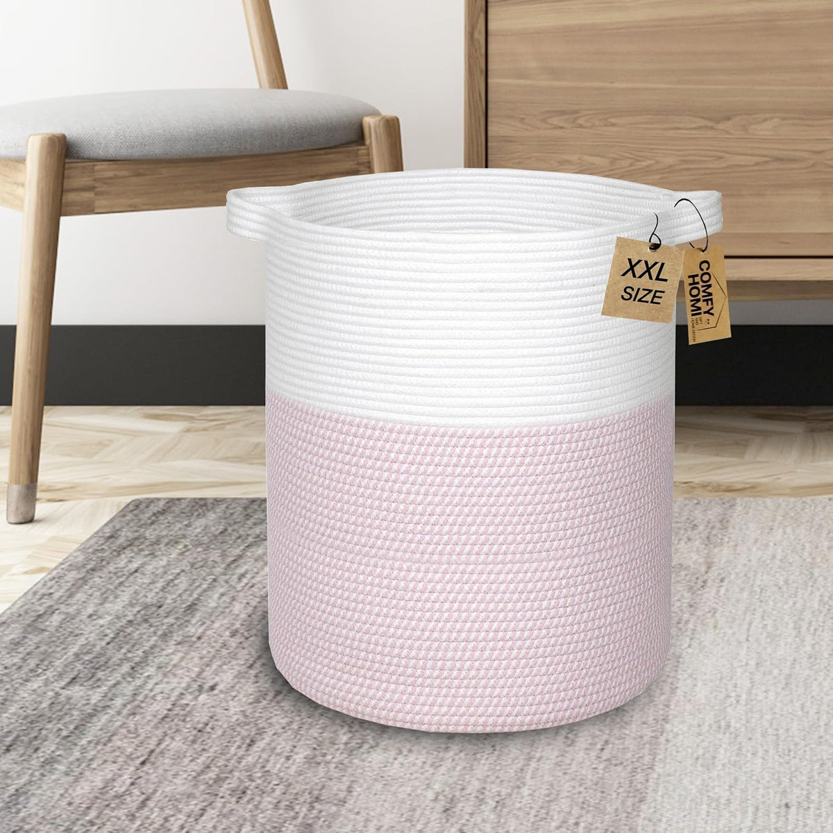 XXL Large Laundry Basket with Handles Blanket Baskets Living Room|Woven Cotton Rope Decorative Basket Laundry Hamper Baby Basket Nursery Dog Toy Storage Organizer Bin-16”x18”-White/Pink