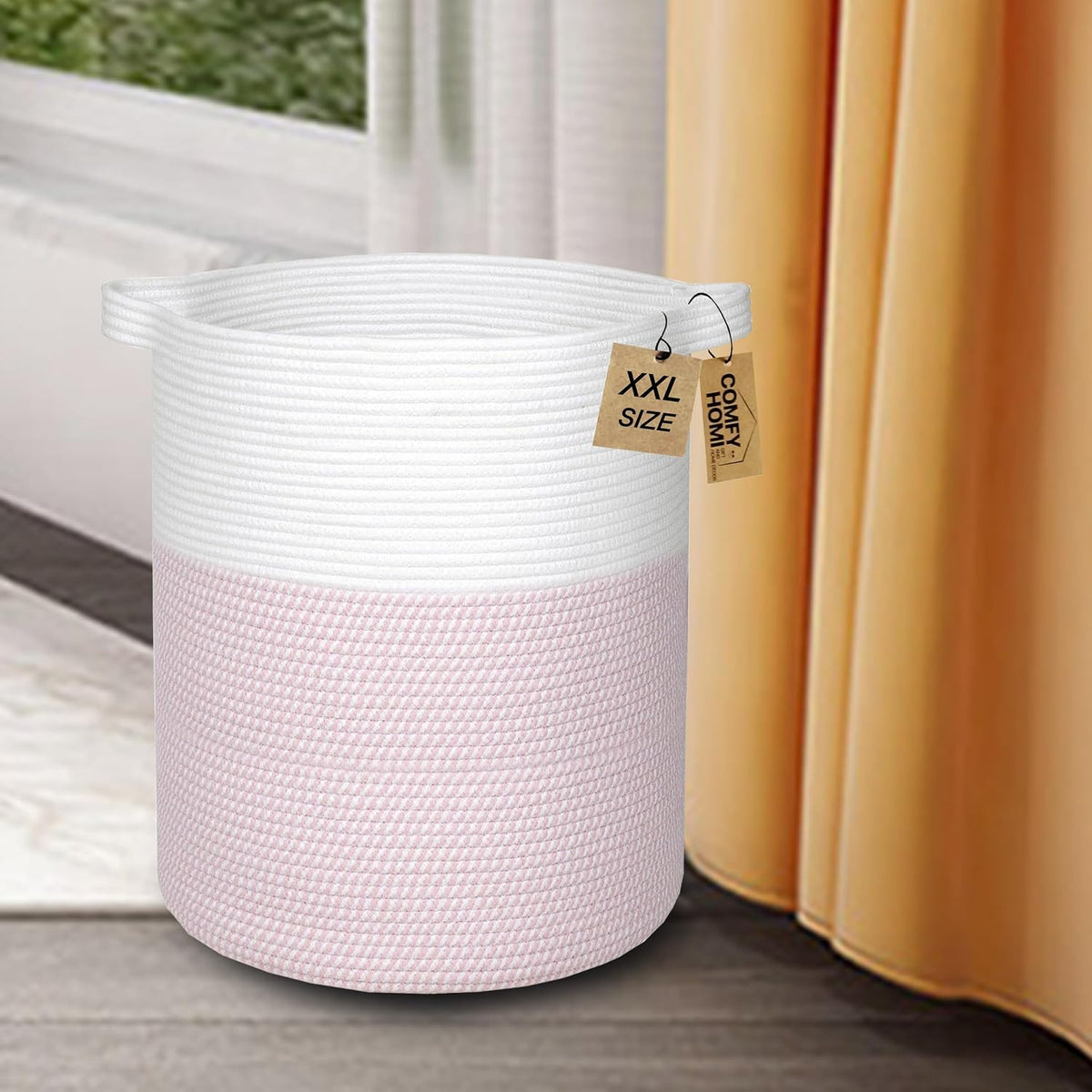XXL Large Laundry Basket with Handles Blanket Baskets Living Room|Woven Cotton Rope Decorative Basket Laundry Hamper Baby Basket Nursery Dog Toy Storage Organizer Bin-16”x18”-White/Pink