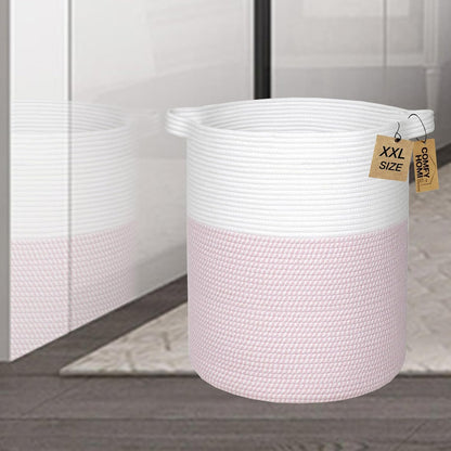 XXL Large Laundry Basket with Handles Blanket Baskets Living Room|Woven Cotton Rope Decorative Basket Laundry Hamper Baby Basket Nursery Dog Toy Storage Organizer Bin-16”x18”-White/Pink