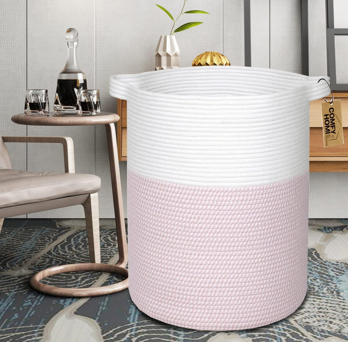 XXL Large Laundry Basket with Handles Blanket Baskets Living Room|Woven Cotton Rope Decorative Basket Laundry Hamper Baby Basket Nursery Dog Toy Storage Organizer Bin-16”x18”-White/Pink
