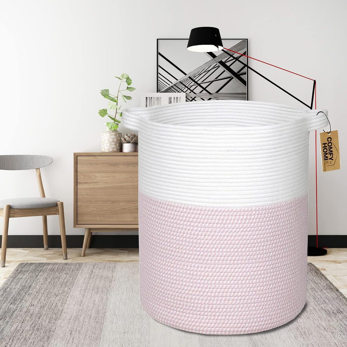 XXL Large Laundry Basket with Handles Blanket Baskets Living Room|Woven Cotton Rope Decorative Basket Laundry Hamper Baby Basket Nursery Dog Toy Storage Organizer Bin-16”x18”-White/Pink