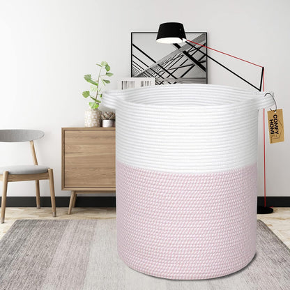 XXL Large Laundry Basket with Handles Blanket Baskets Living Room|Woven Cotton Rope Decorative Basket Laundry Hamper Baby Basket Nursery Dog Toy Storage Organizer Bin-16”x18”-White/Pink