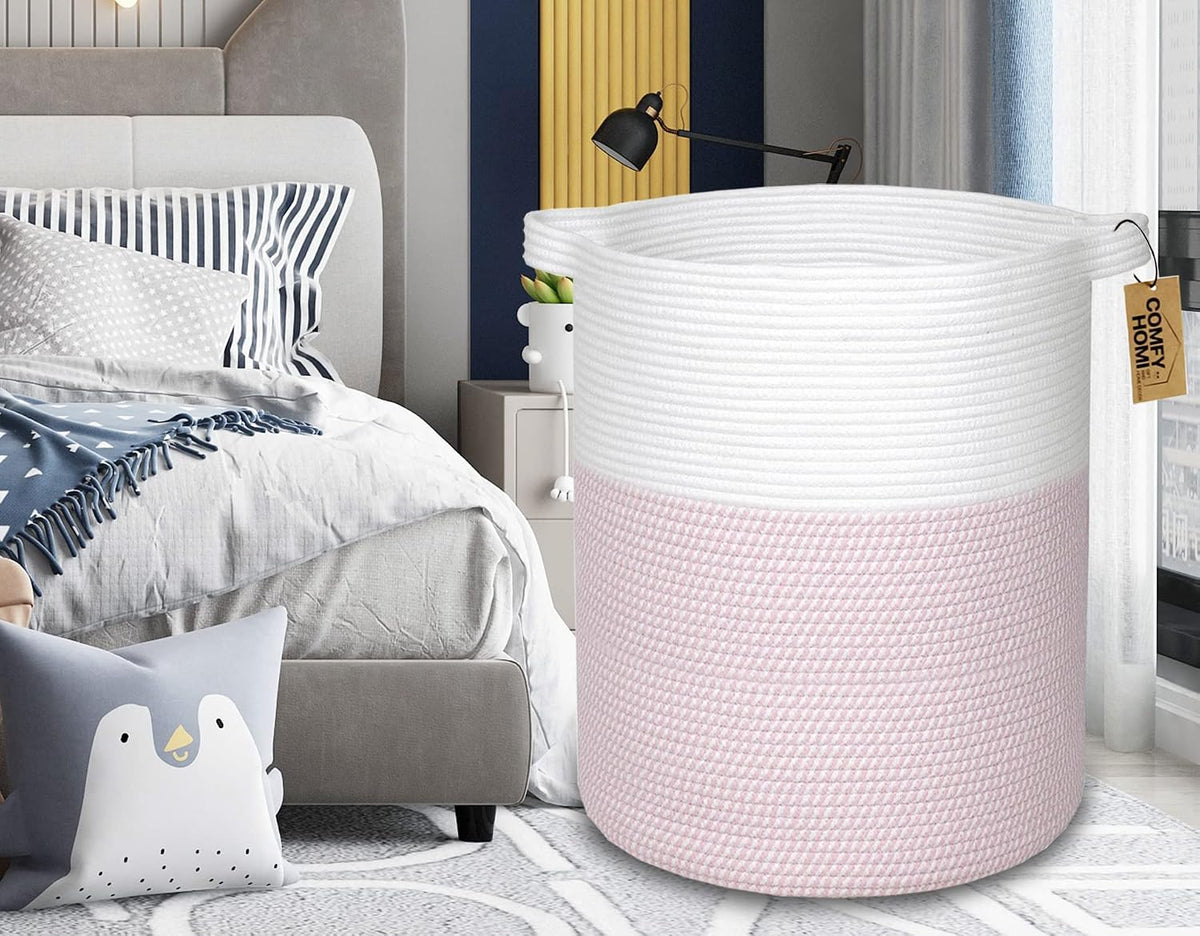 XXL Large Laundry Basket with Handles Blanket Baskets Living Room|Woven Cotton Rope Decorative Basket Laundry Hamper Baby Basket Nursery Dog Toy Storage Organizer Bin-16”x18”-White/Pink