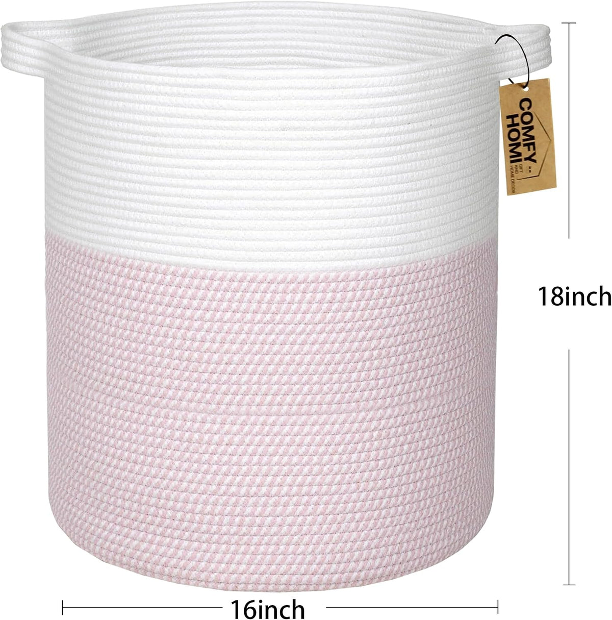 XXL Large Laundry Basket with Handles Blanket Baskets Living Room|Woven Cotton Rope Decorative Basket Laundry Hamper Baby Basket Nursery Dog Toy Storage Organizer Bin-16”x18”-White/Pink