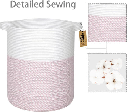 XXL Large Laundry Basket with Handles Blanket Baskets Living Room|Woven Cotton Rope Decorative Basket Laundry Hamper Baby Basket Nursery Dog Toy Storage Organizer Bin-16”x18”-White/Pink