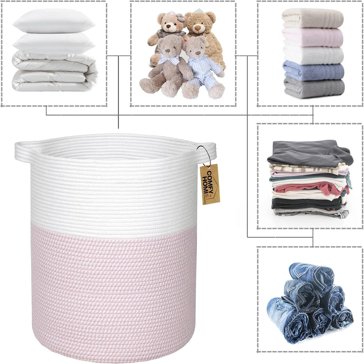 XXL Large Laundry Basket with Handles Blanket Baskets Living Room|Woven Cotton Rope Decorative Basket Laundry Hamper Baby Basket Nursery Dog Toy Storage Organizer Bin-16”x18”-White/Pink