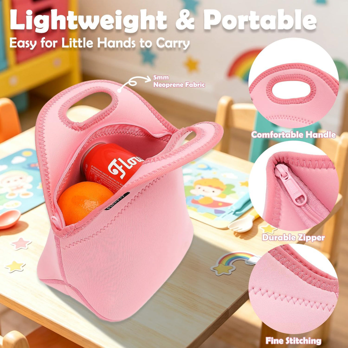 Neoprene Kids Lunch box Insulated Soft Bag Mini Cooler Thermal Meal Tote Kit for Boys, Girls,Men,Women,School,Work, Office, Pink