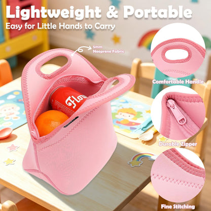 Neoprene Kids Lunch box Insulated Soft Bag Mini Cooler Thermal Meal Tote Kit for Boys, Girls,Men,Women,School,Work, Office, Pink