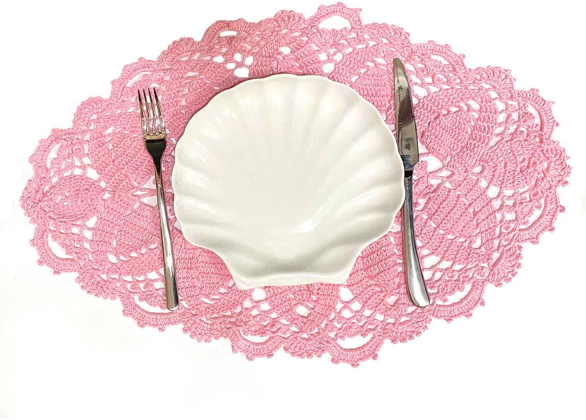 21 Inch Length Oval Lace Crochet Flowers Doilies Tablecloth Placemat Washable Kitchen Vase Doily (Pink, 1)