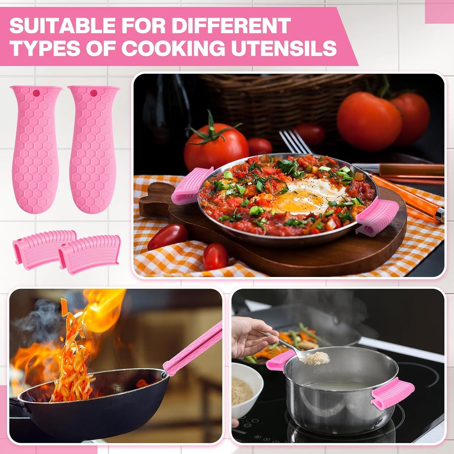 8 Pcs Silicone Pot Holders Cast Iron Handle Cover Heat Resistant Pot Handle Covers Potholder Non Slip Reusable Pan Sleeve for Frying Pan Kitchen Supplies(Pink)