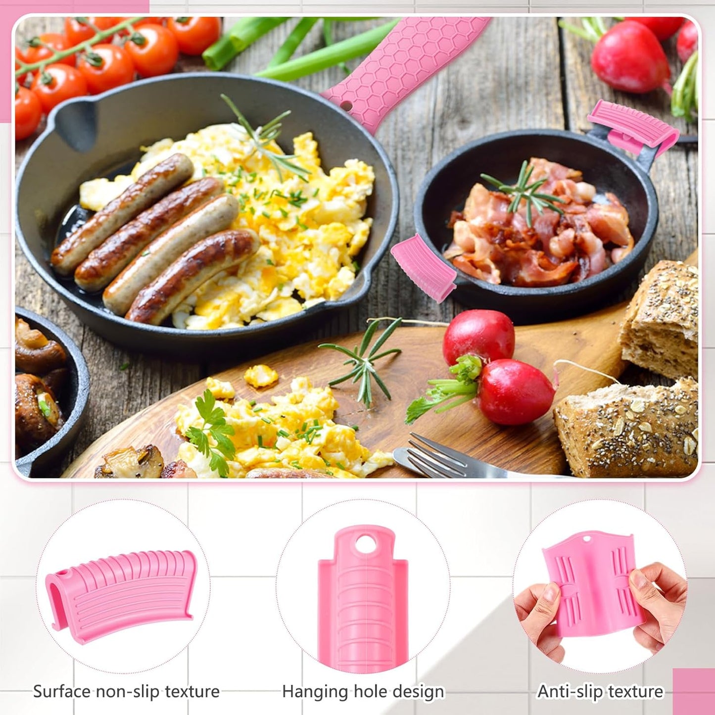 8 Pcs Silicone Pot Holders Cast Iron Handle Cover Heat Resistant Pot Handle Covers Potholder Non Slip Reusable Pan Sleeve for Frying Pan Kitchen Supplies(Pink)
