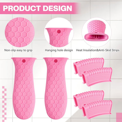 8 Pcs Silicone Pot Holders Cast Iron Handle Cover Heat Resistant Pot Handle Covers Potholder Non Slip Reusable Pan Sleeve for Frying Pan Kitchen Supplies(Pink)