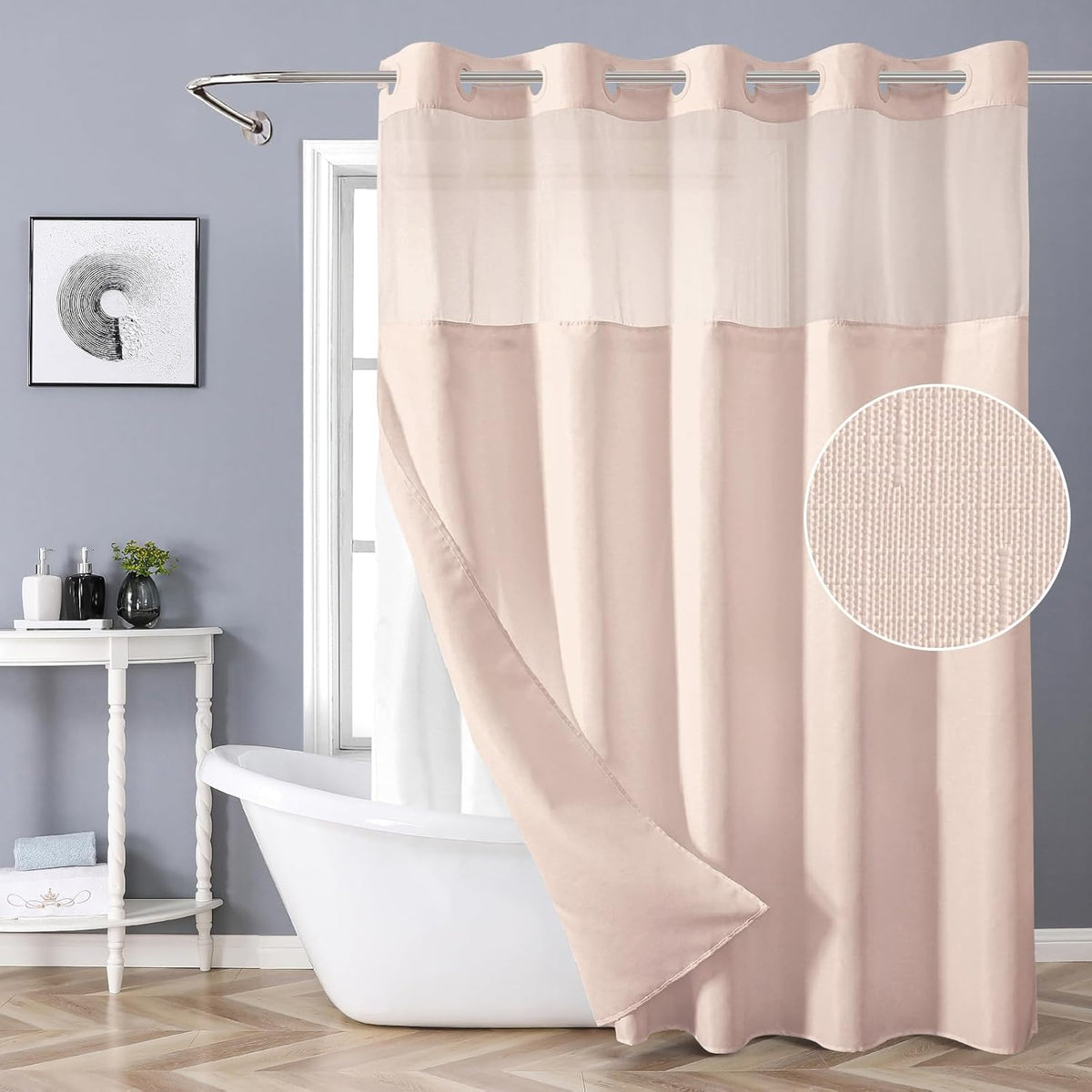 No Hook Slub Textured Shower Curtain with Snap in Liner,Blush,71x74