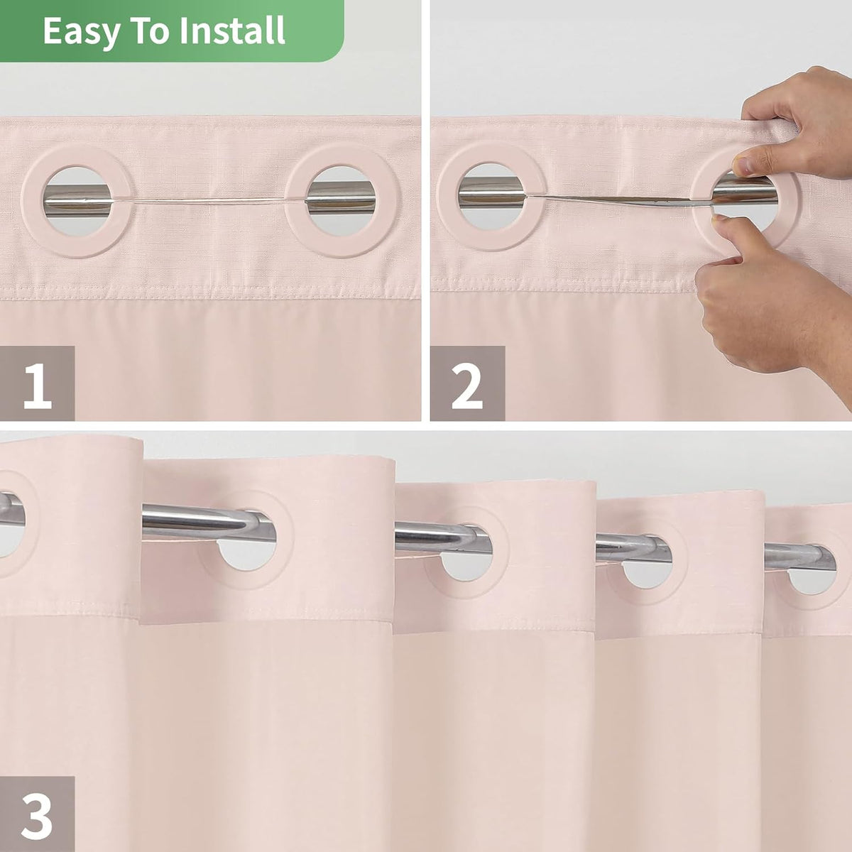 No Hook Slub Textured Shower Curtain with Snap in Liner,Blush,71x74