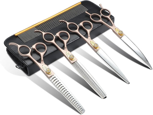 JASON Dog Grooming Scissors Set, Professional 6 in 1 Dog Scissors Sharp Shears Set - 7" Thinning, Chunker, Straight, Curved Shears and Comb for Dog Cat Pet, Rosegold Christmas Gift
