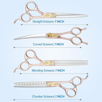 JASON Dog Grooming Scissors Set, Professional 6 in 1 Dog Scissors Sharp Shears Set - 7" Thinning, Chunker, Straight, Curved Shears and Comb for Dog Cat Pet, Rosegold Christmas Gift
