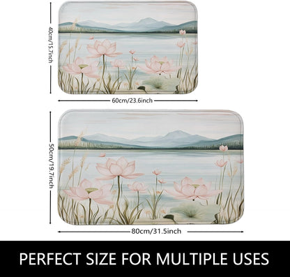 Water Lily Floral Quick Dry Bath Mat, Elegant Peach Water Lily Absorbent Non Slip Shower Mat, Spring Memory Foam Washable Bath Rugs for Bathroom Toilet Restroom Decorative 20x32 Inch