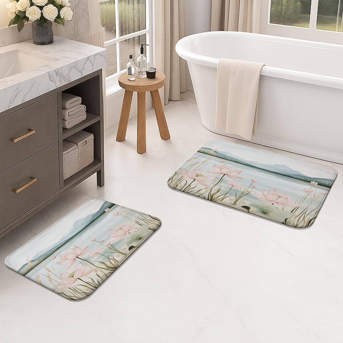 Water Lily Floral Quick Dry Bath Mat, Elegant Peach Water Lily Absorbent Non Slip Shower Mat, Spring Memory Foam Washable Bath Rugs for Bathroom Toilet Restroom Decorative 20x32 Inch