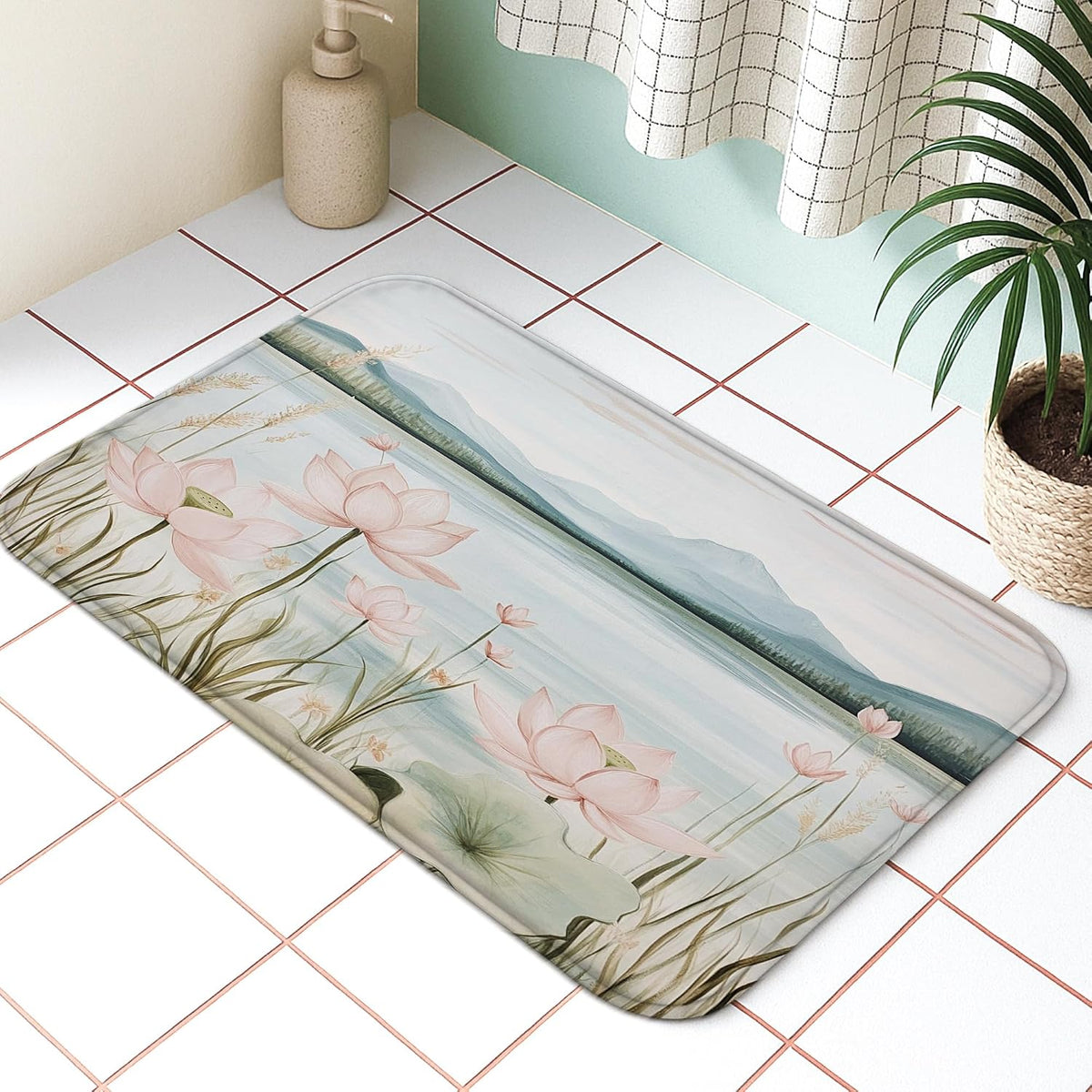 Water Lily Floral Quick Dry Bath Mat, Elegant Peach Water Lily Absorbent Non Slip Shower Mat, Spring Memory Foam Washable Bath Rugs for Bathroom Toilet Restroom Decorative 20x32 Inch