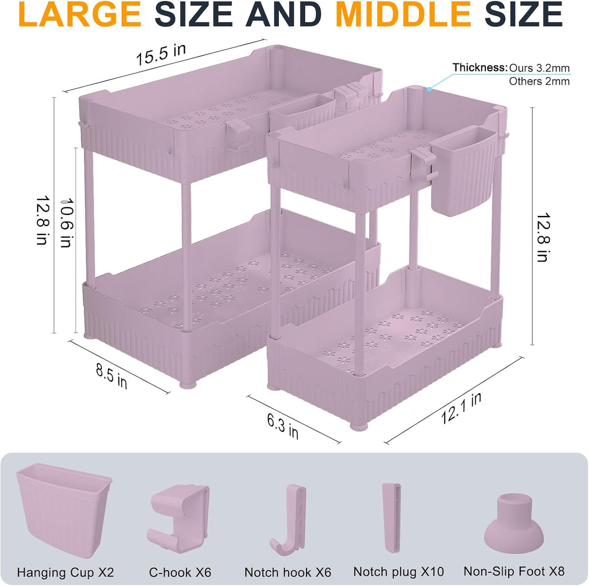 2-Pack Under Sink Organizer with Hooks & Hanging Cup for Kitchen