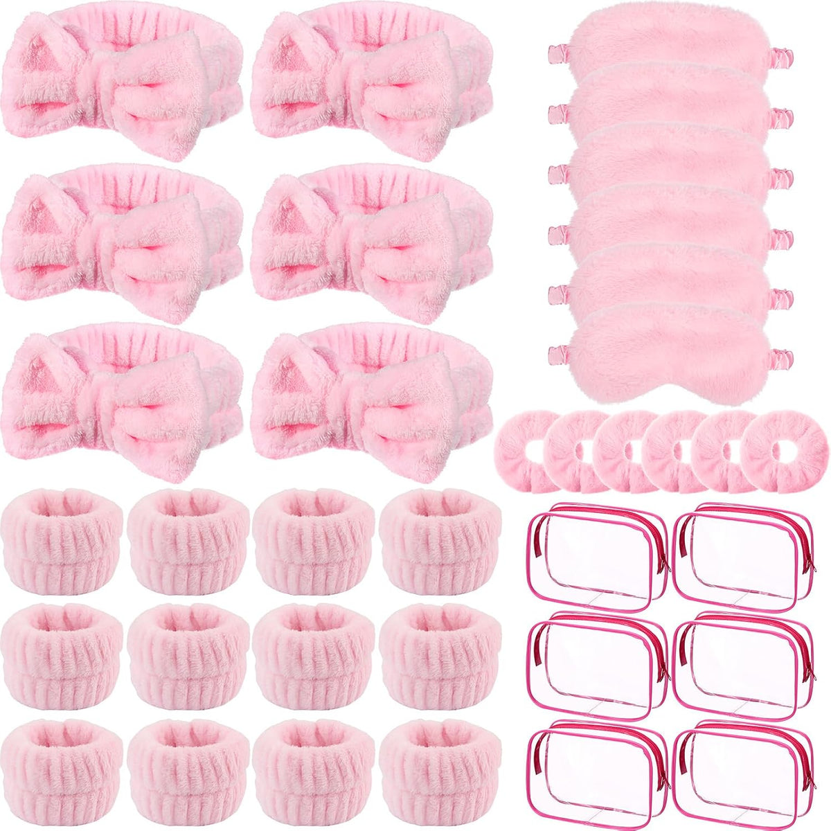 30 Pcs Sleepover Party Supplies for Women Slumber Spa Party Supplies 6 Pink Spa Headband 6 Pink Plush Sleep Eye Mask 6 Velvet Scrunchies 6 Wristband 6 Clear Cosmetic Bags