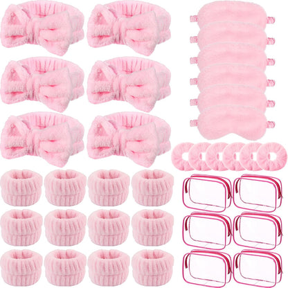 30 Pcs Sleepover Party Supplies for Women Slumber Spa Party Supplies 6 Pink Spa Headband 6 Pink Plush Sleep Eye Mask 6 Velvet Scrunchies 6 Wristband 6 Clear Cosmetic Bags