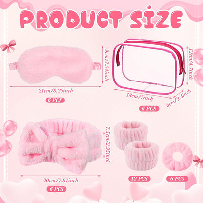 30 Pcs Sleepover Party Supplies for Women Slumber Spa Party Supplies 6 Pink Spa Headband 6 Pink Plush Sleep Eye Mask 6 Velvet Scrunchies 6 Wristband 6 Clear Cosmetic Bags