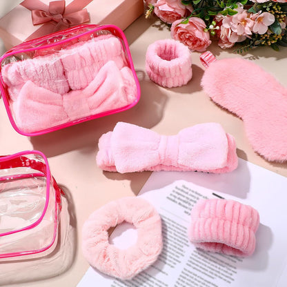 30 Pcs Sleepover Party Supplies for Women Slumber Spa Party Supplies 6 Pink Spa Headband 6 Pink Plush Sleep Eye Mask 6 Velvet Scrunchies 6 Wristband 6 Clear Cosmetic Bags