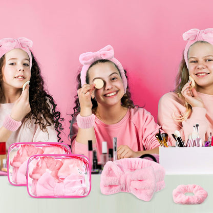 30 Pcs Sleepover Party Supplies for Women Slumber Spa Party Supplies 6 Pink Spa Headband 6 Pink Plush Sleep Eye Mask 6 Velvet Scrunchies 6 Wristband 6 Clear Cosmetic Bags