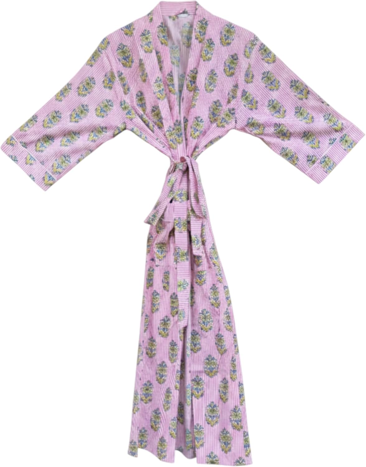 Women's Cotton Kimono Robe, Hand Block Print Bathrobe, Lightweight Floral Spa Robe with Pockets & Belt
