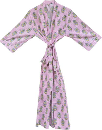 Women's Cotton Kimono Robe, Hand Block Print Bathrobe, Lightweight Floral Spa Robe with Pockets & Belt