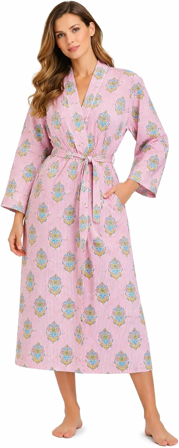 Women's Cotton Kimono Robe, Hand Block Print Bathrobe, Lightweight Floral Spa Robe with Pockets & Belt