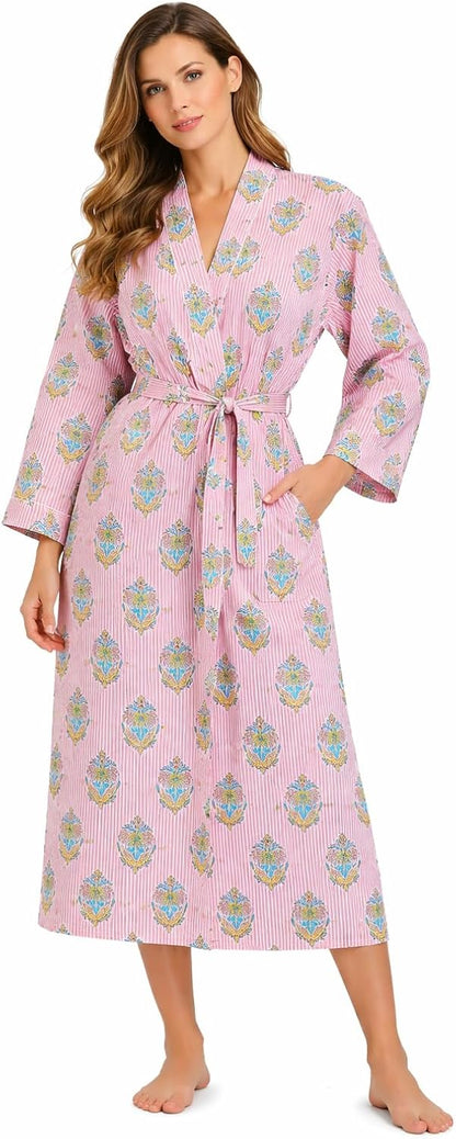 Women's Cotton Kimono Robe, Hand Block Print Bathrobe, Lightweight Floral Spa Robe with Pockets & Belt