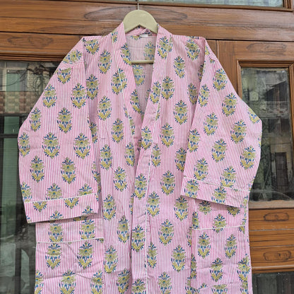 Women's Cotton Kimono Robe, Hand Block Print Bathrobe, Lightweight Floral Spa Robe with Pockets & Belt