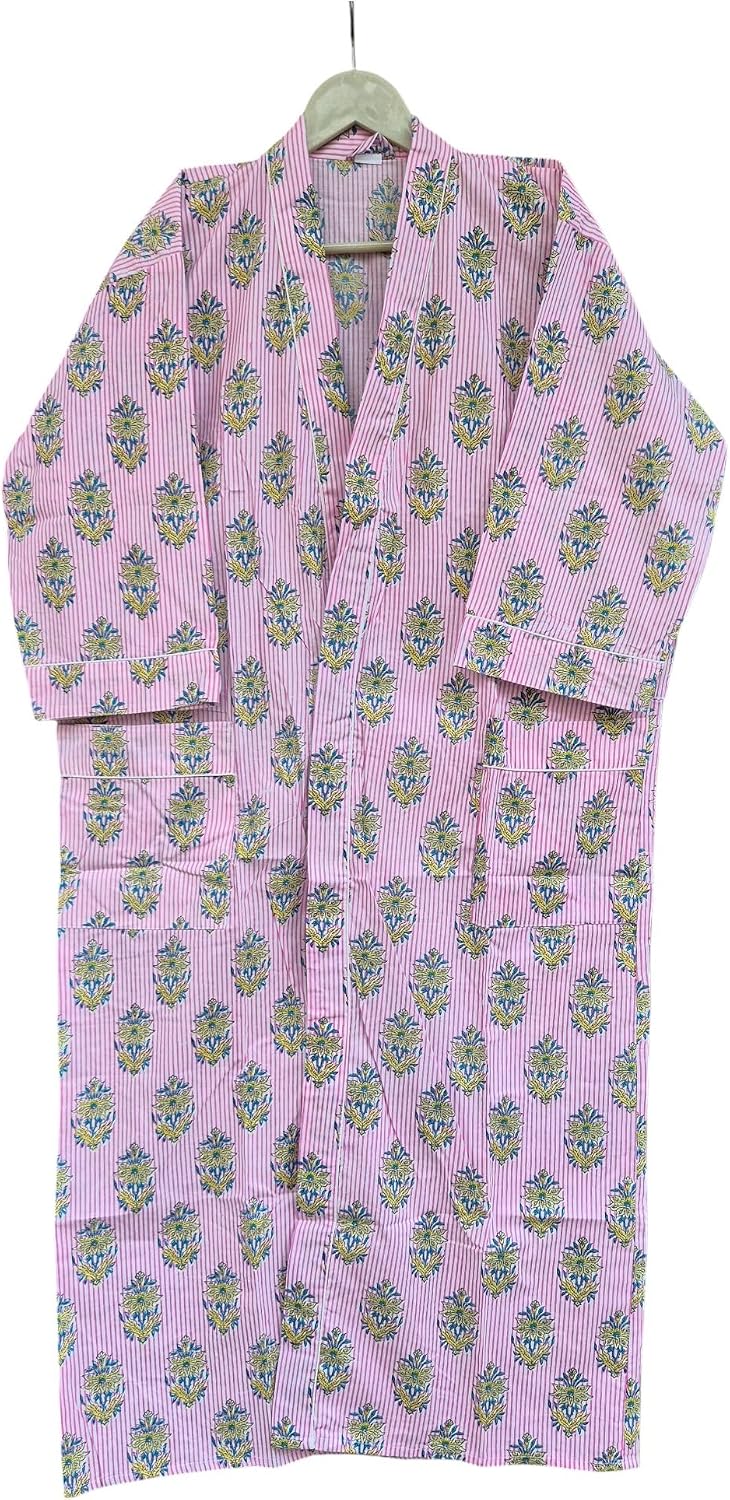 Women's Cotton Kimono Robe, Hand Block Print Bathrobe, Lightweight Floral Spa Robe with Pockets & Belt