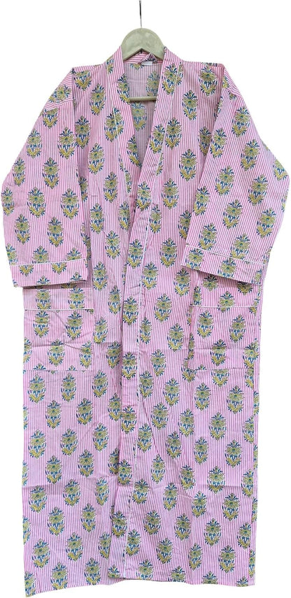 Women's Cotton Kimono Robe, Hand Block Print Bathrobe, Lightweight Floral Spa Robe with Pockets & Belt