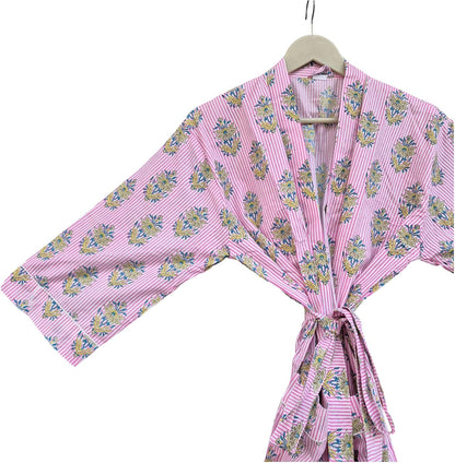 Women's Cotton Kimono Robe, Hand Block Print Bathrobe, Lightweight Floral Spa Robe with Pockets & Belt